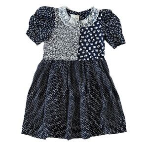 Vintage Girls 8 Amy, Too! Dress Navy Blue White Lace Collar Shoulder Pads Short